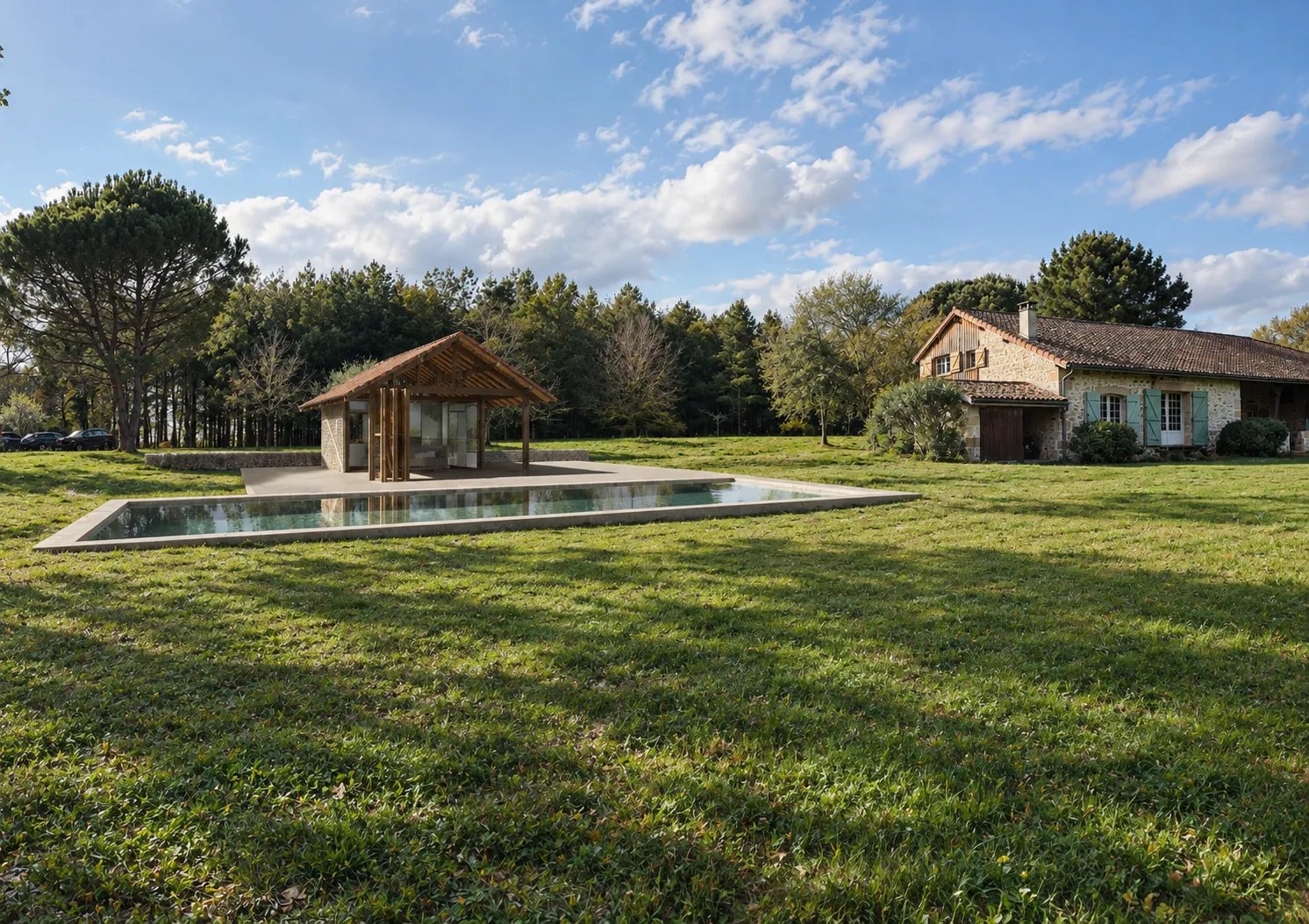 Piscine et pool house dans un jardin, en Lot-et-Garonne